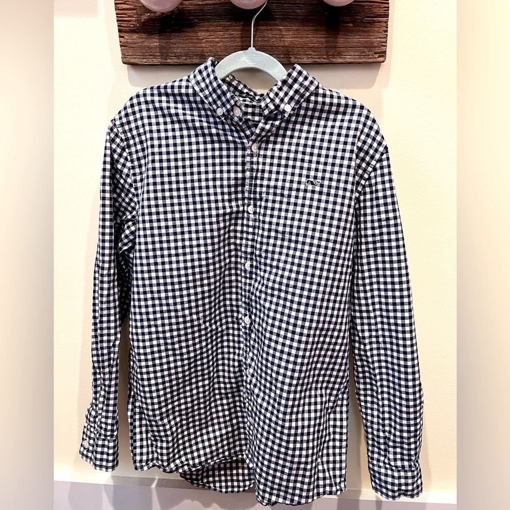 Vineyard Vine Boys’ Button-Down navy gingham Size M 12-14